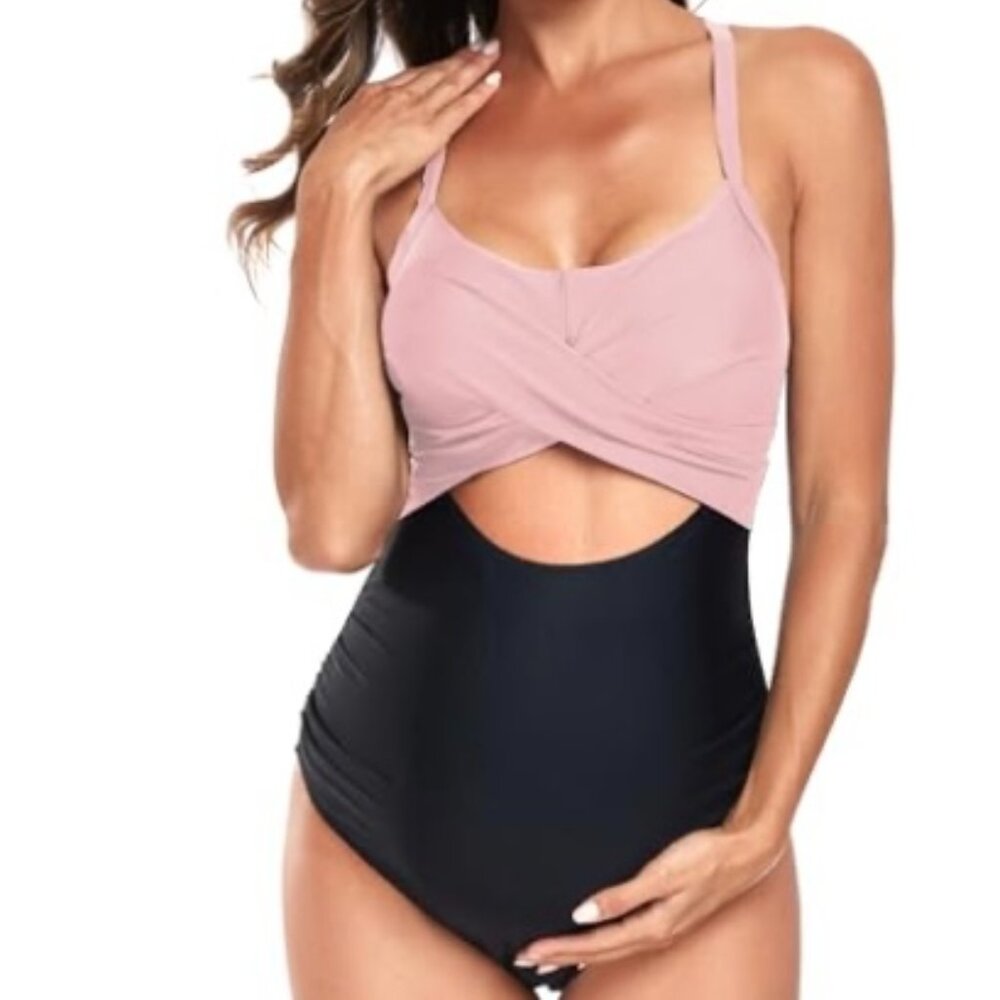 East Elegant Pink/Black maternity cutout 1-piece front cross w/wrap tieback XXL